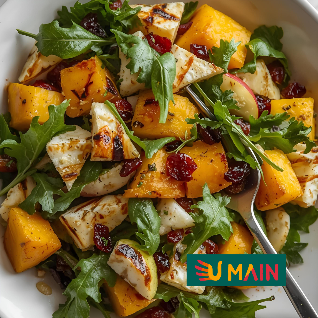 Recette : Salade automnale courge, pomme et halloumi grillé